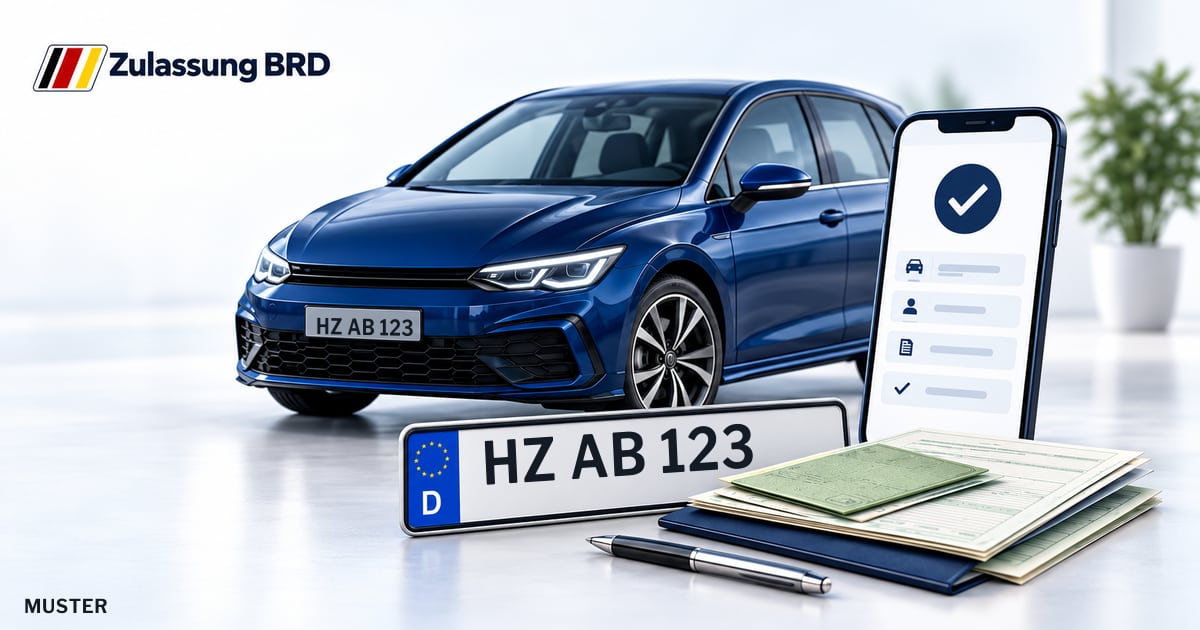 Online Fahrzeugzulassung in Halberstadt: Musterkennzeichen HZ AB 123, Auto und Fahrzeugpapiere und Smartphone. Illustration mit Logo von Zulassung BRD.